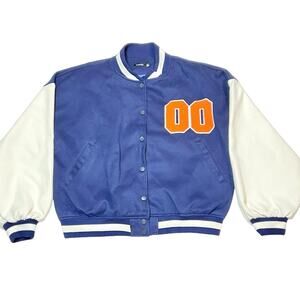 Boohoo Varsity Bomber Jacket Boys Size 8 Blue White Embroidered Patch Wool